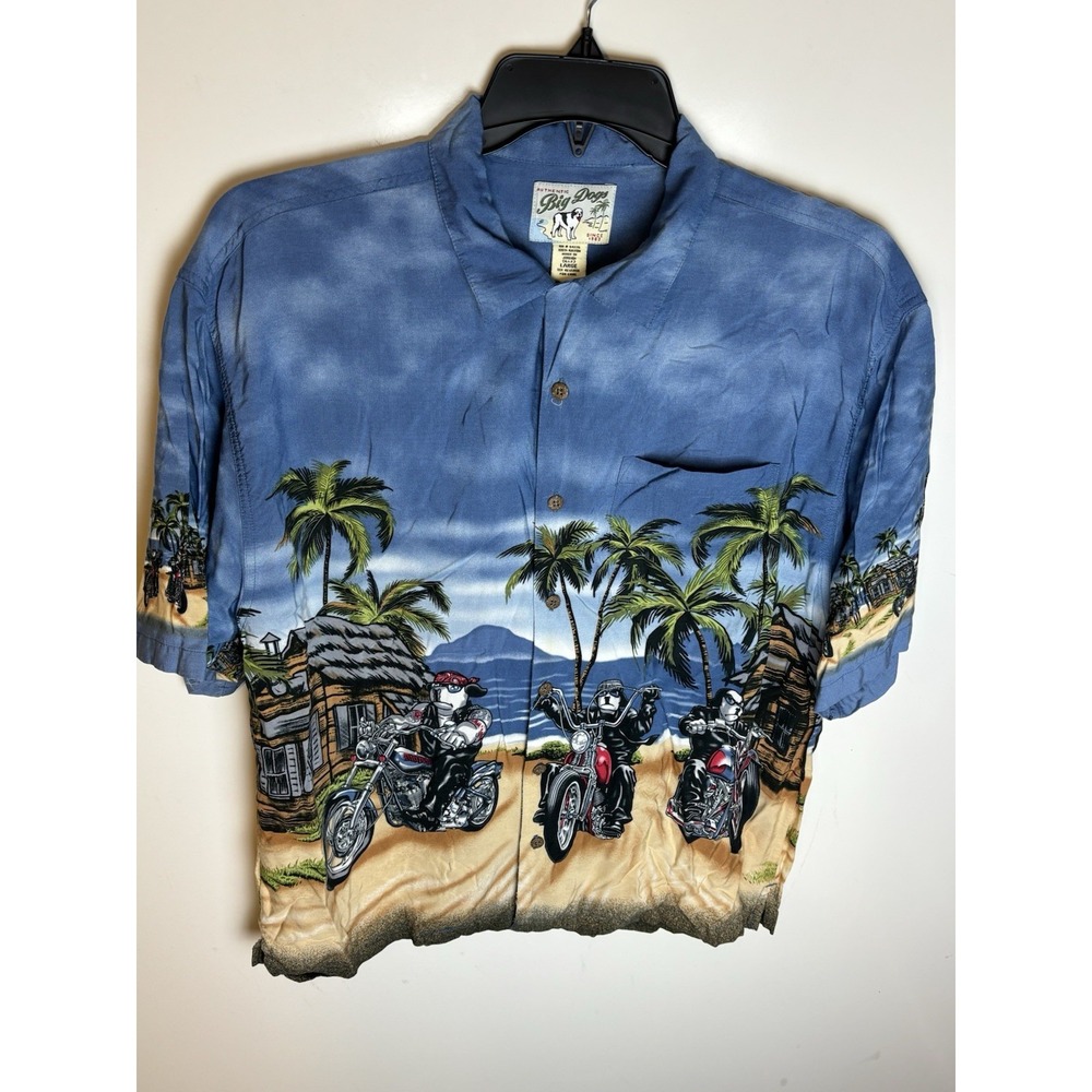 Big Dogs Shirt Mens LG Blue Rayon Aloha Hawaiian Biker Motorcycle Novelty Camp